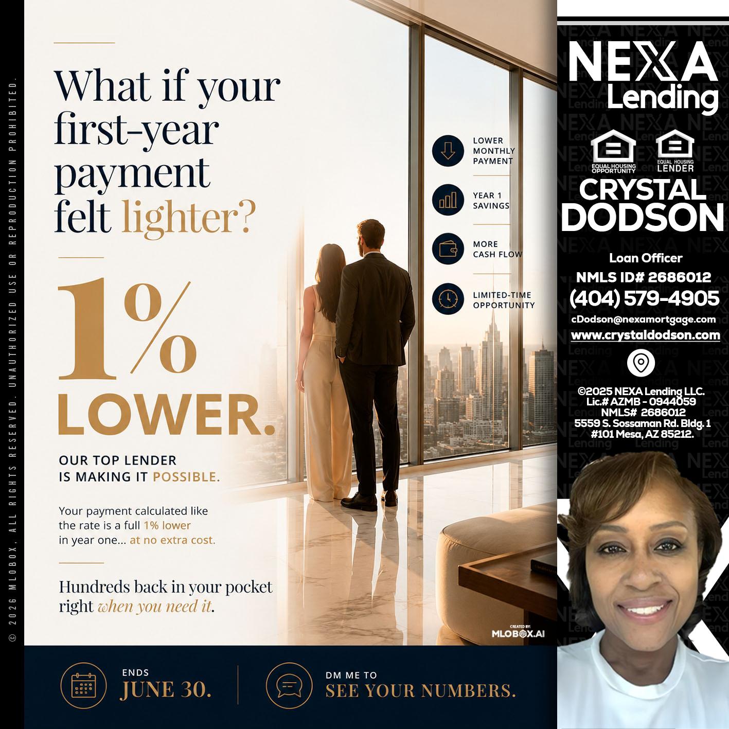1% lower - Crystal Dodson -Loan Officer