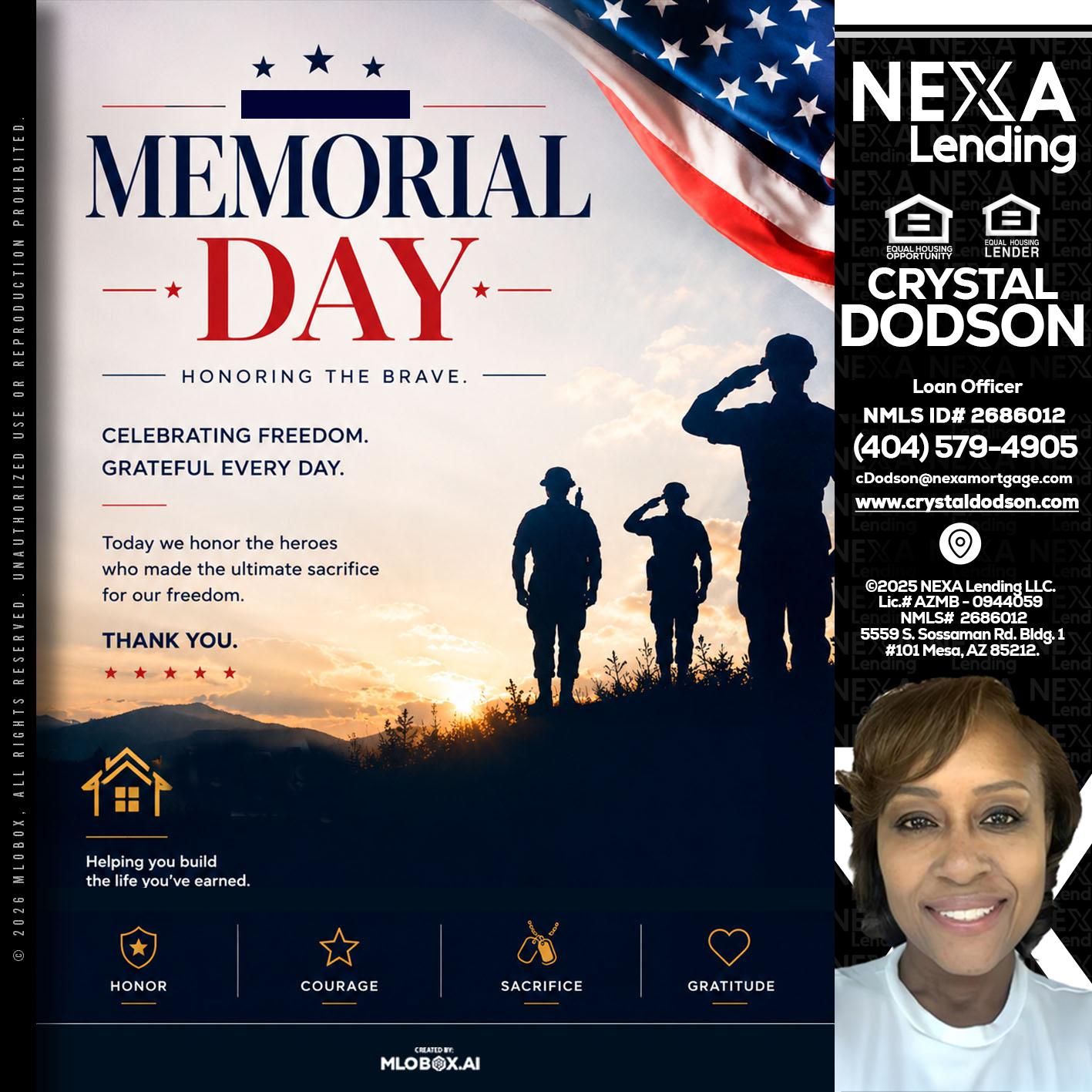 MEMORIAL DAY - Crystal Dodson -Loan Officer